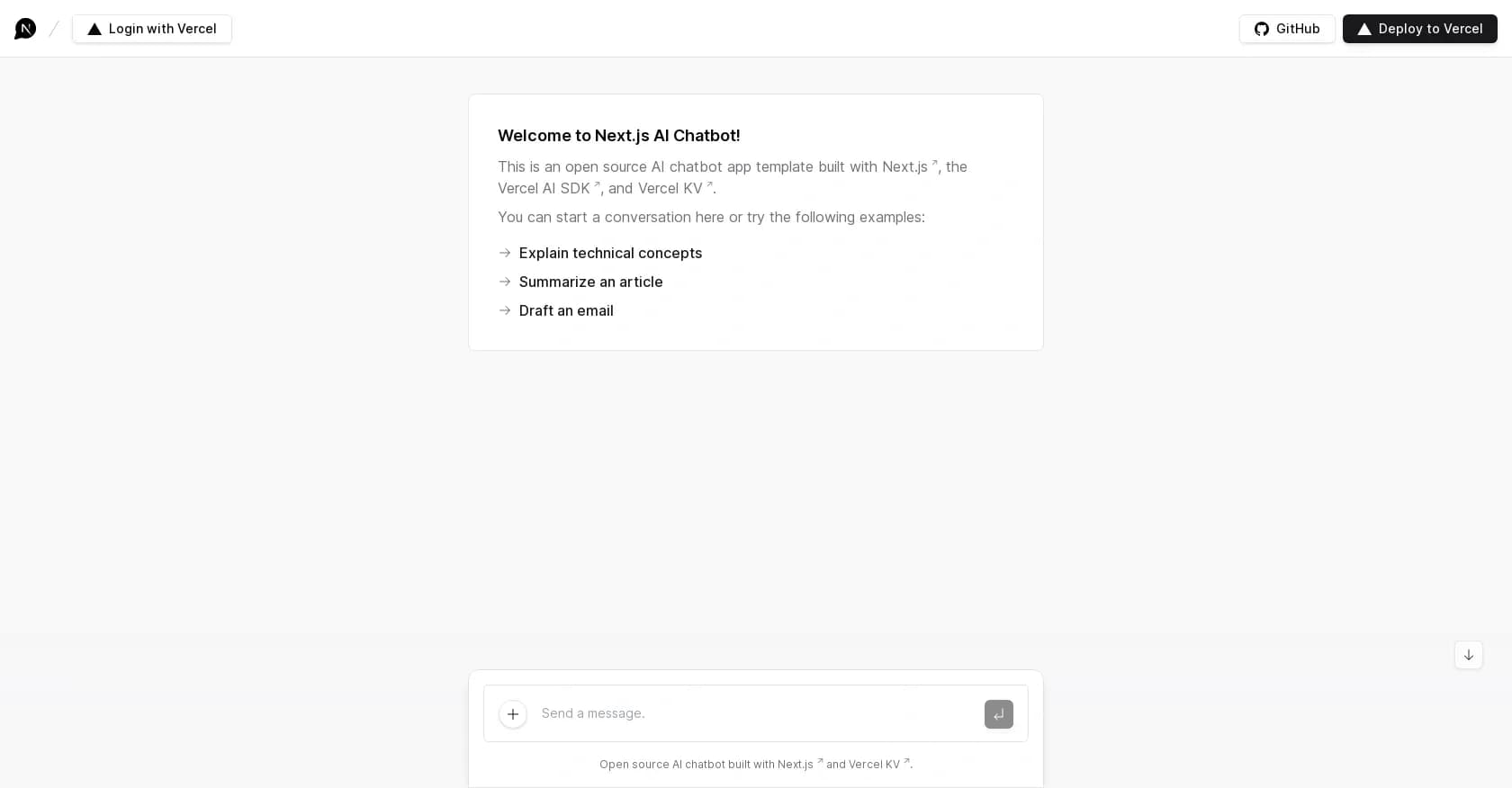 Next.js AI Chatbot homepage screenshot — AI chatbot: Explain, summarize, draft with ease.