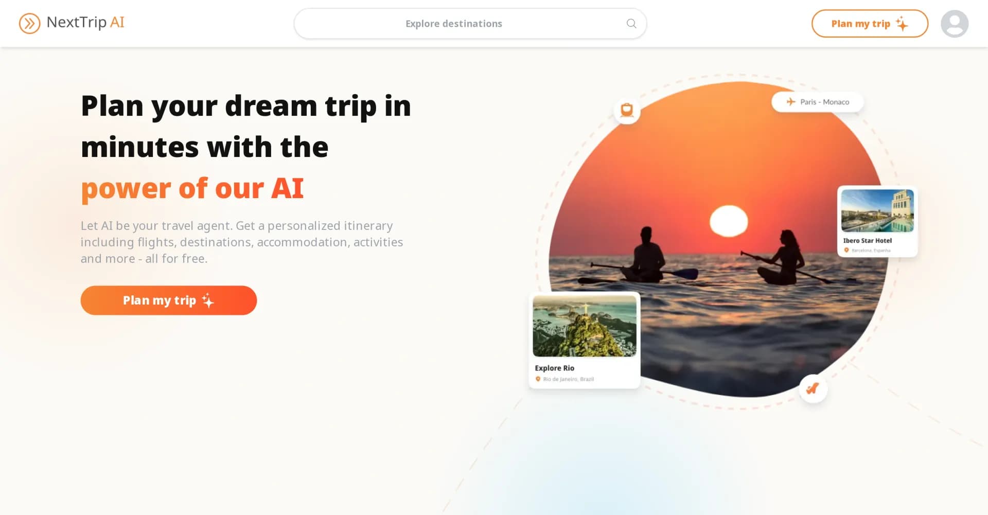Next Trip AI homepage screenshot — AI travel agent crafts personalized dream vacations