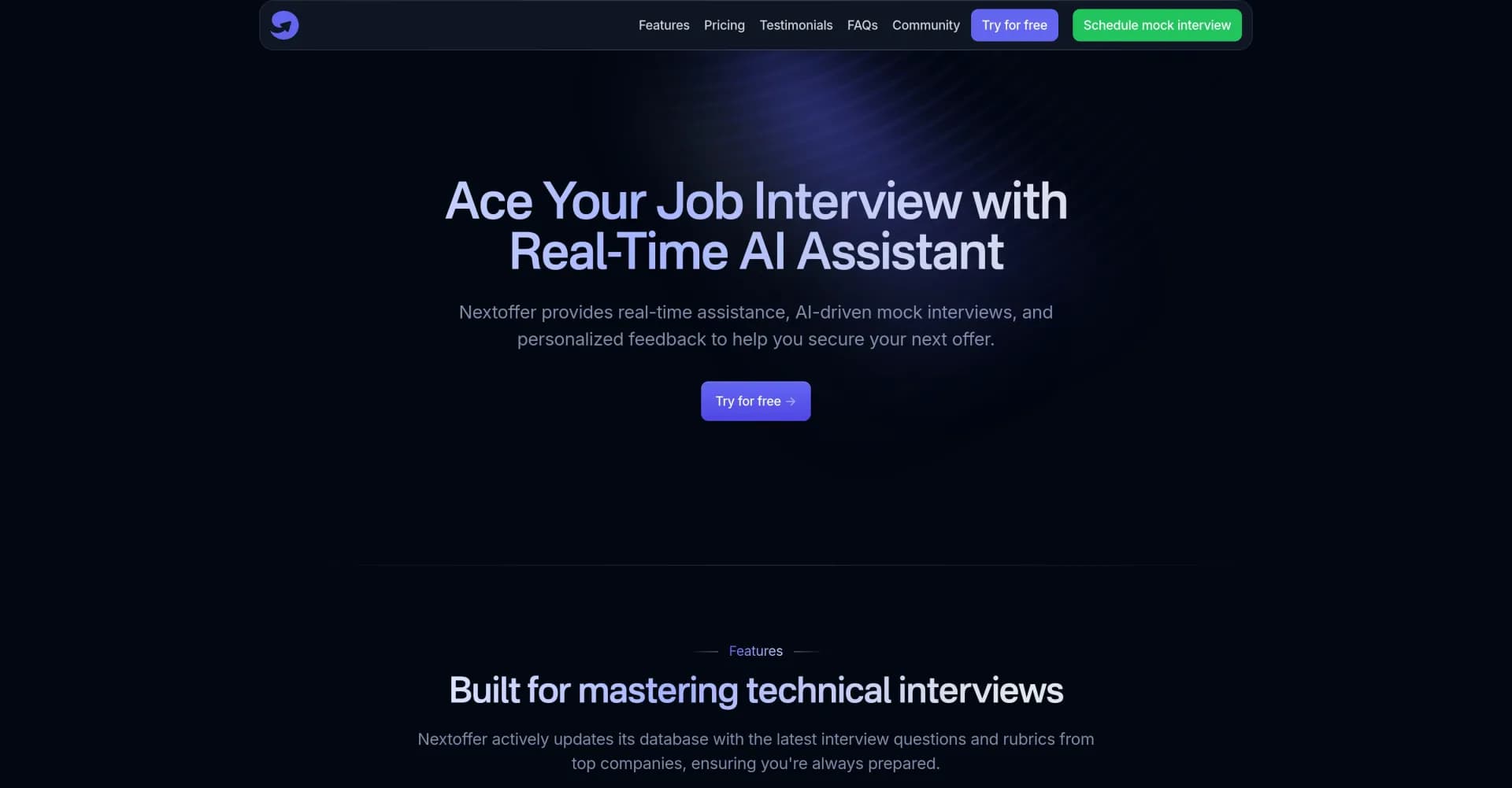 Nextoffer homepage screenshot — Ace interviews with real-time AI assistance.