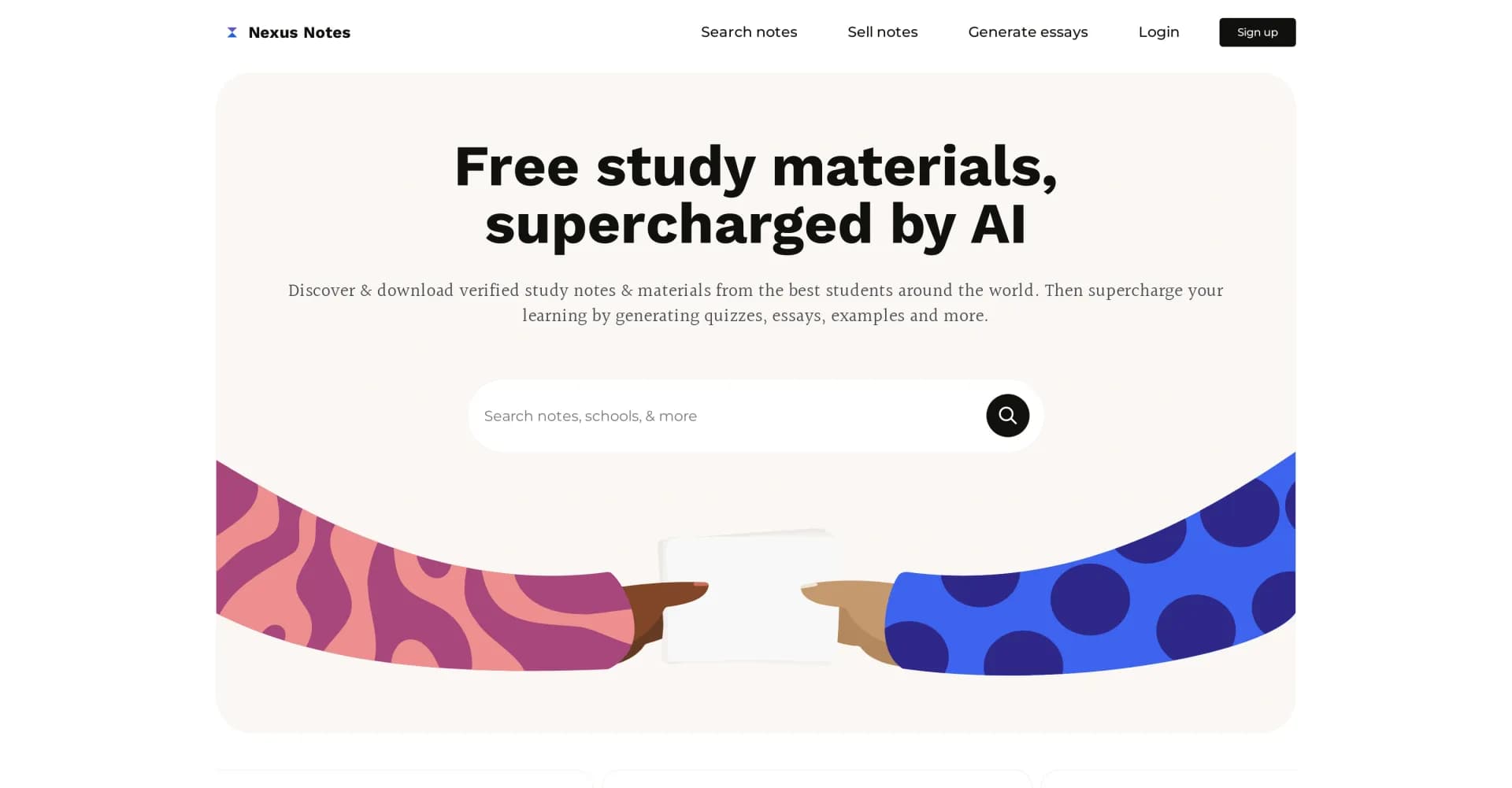 Nexus Notes homepage screenshot — Free study materials, supercharged by AI