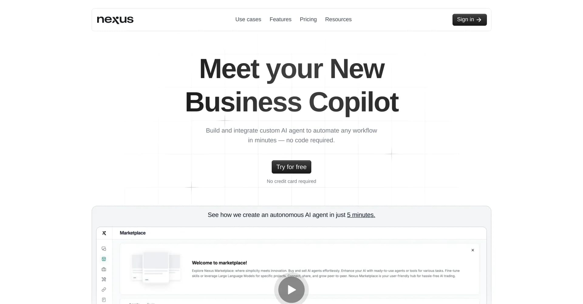 NexusGPT homepage screenshot — Build custom AI agents to automate workflows without code