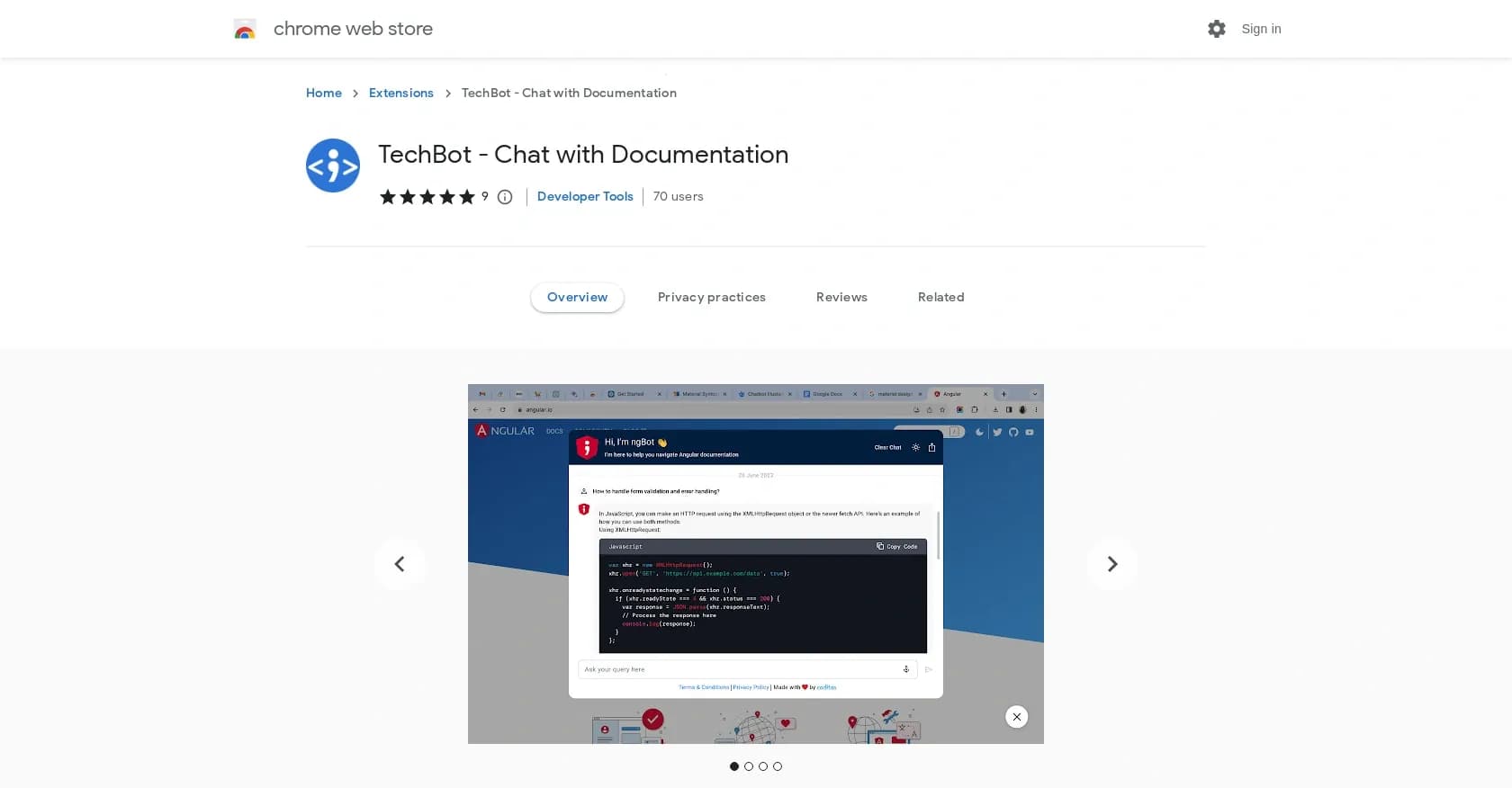 ngBot homepage screenshot — Tech docs assistant with rich features.