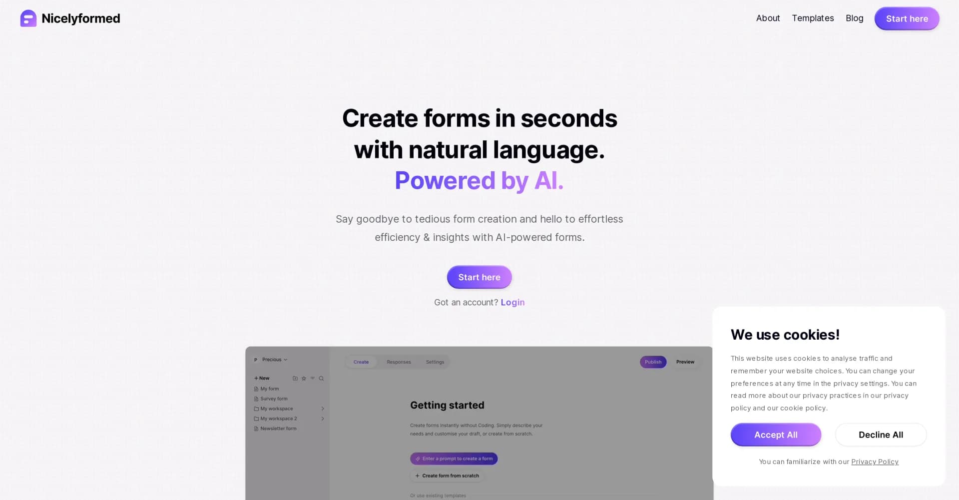 Nicelyformed homepage screenshot — Create AI-powered forms instantly with natural language