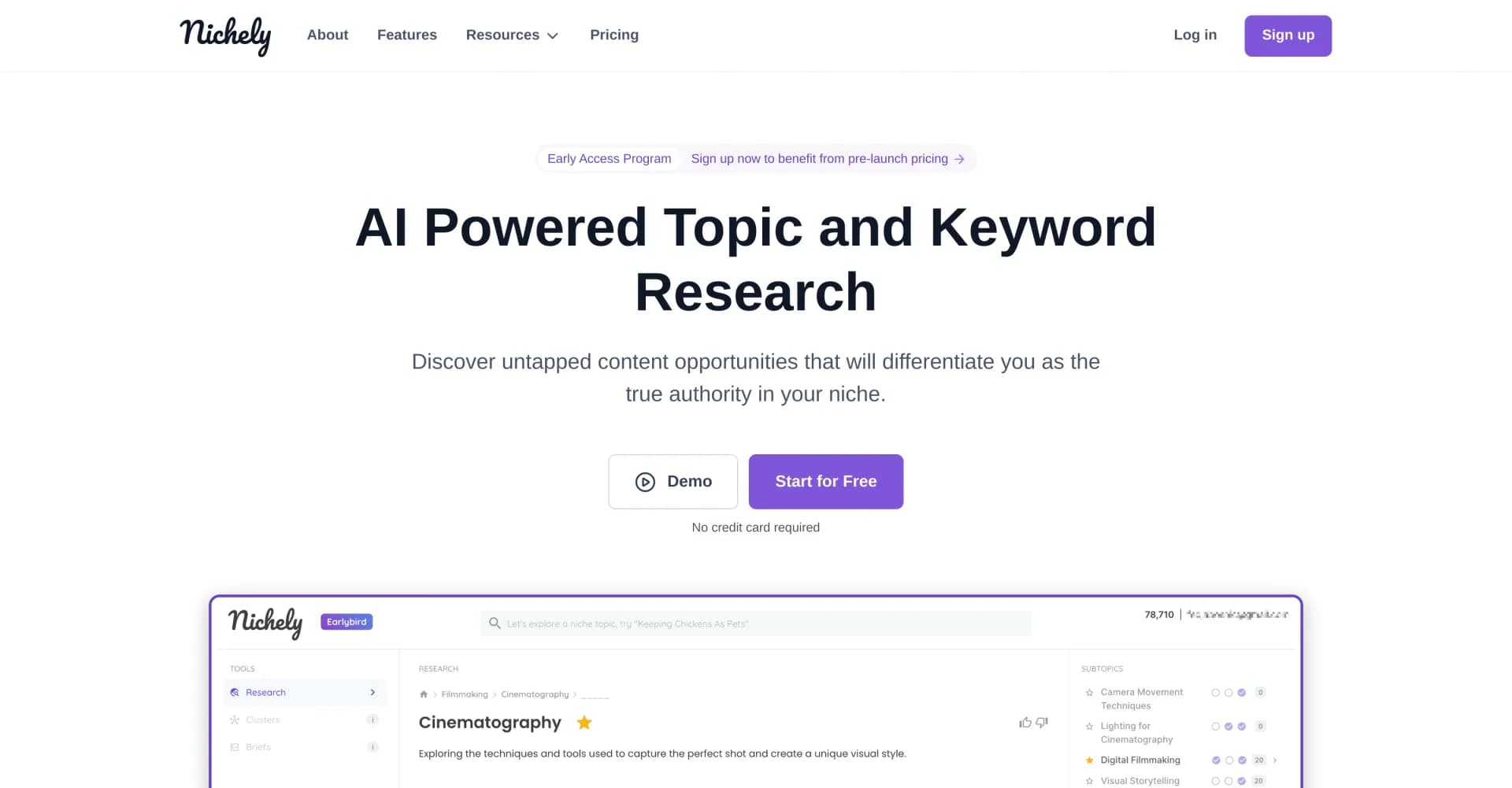 Nichely homepage screenshot — AI-powered topic research for niche domination