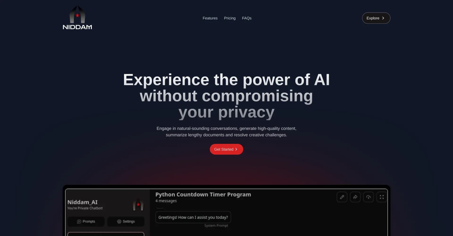 Niddam homepage screenshot — Experience AI power without privacy compromise.