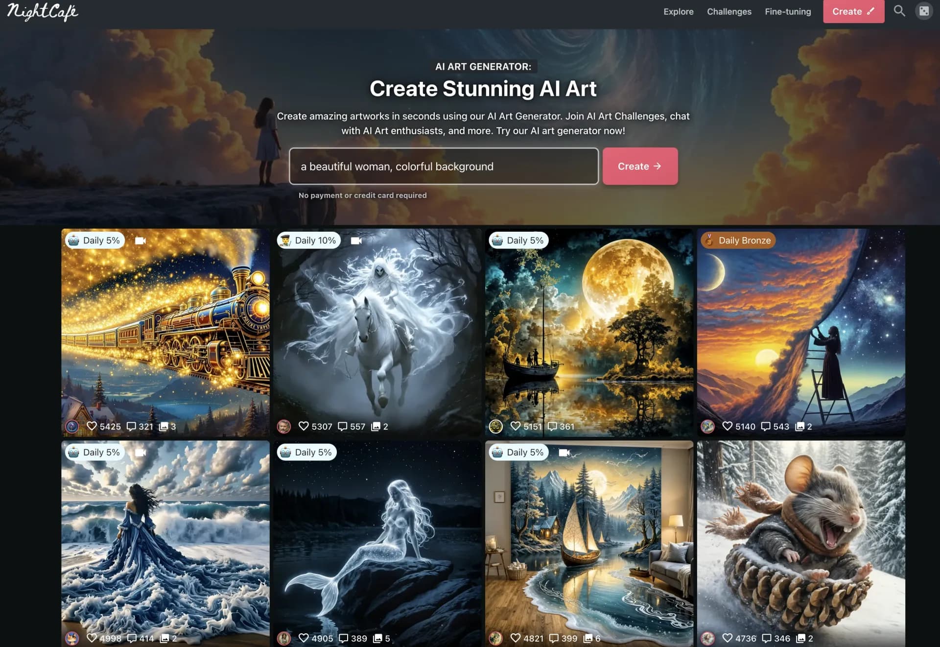 Nightcafe homepage screenshot — Create stunning AI art instantly and freely