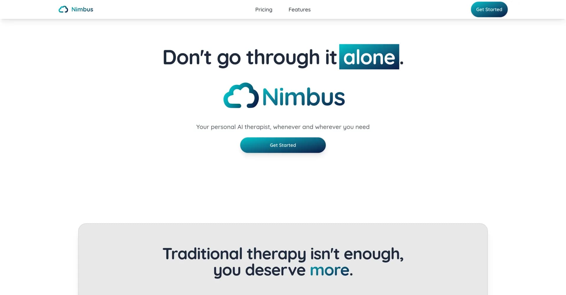 Nimbus homepage screenshot — Your personal AI therapist, anytime, anywhere.
