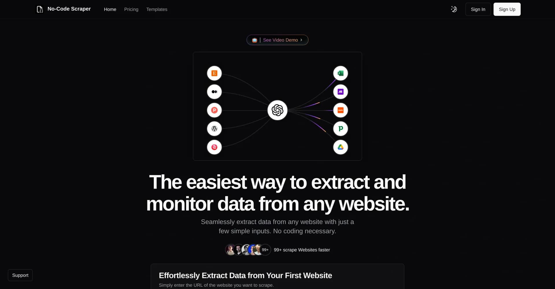 No-Code Scraper homepage screenshot — Seamlessly extract data from any website without coding.