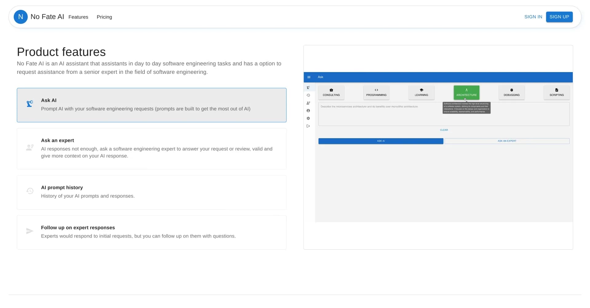 No Fate AI homepage screenshot — AI-powered software engineering assistant with expert suppor