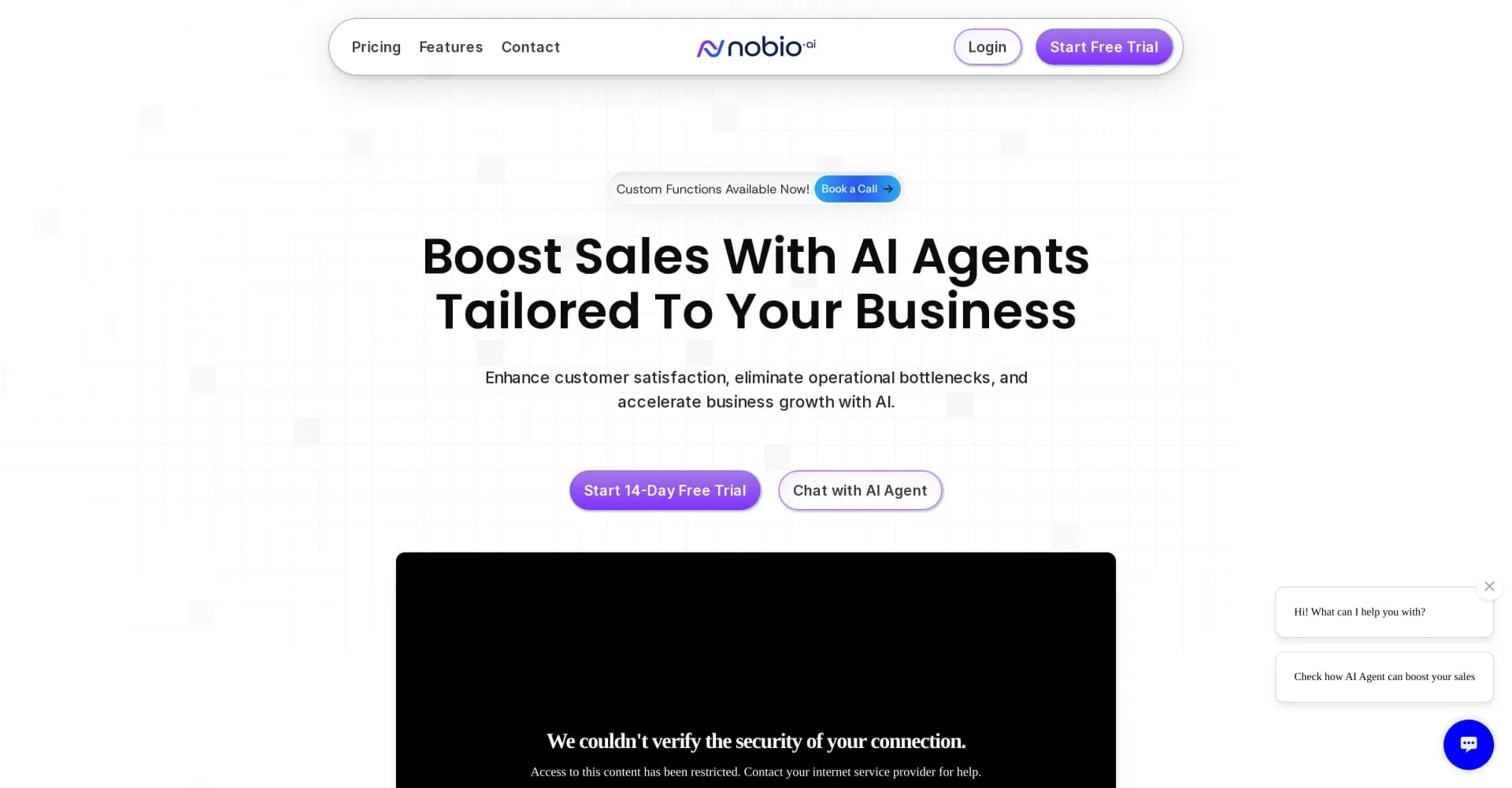 Nobio AI homepage screenshot — AI agents tailored to boost your business growth