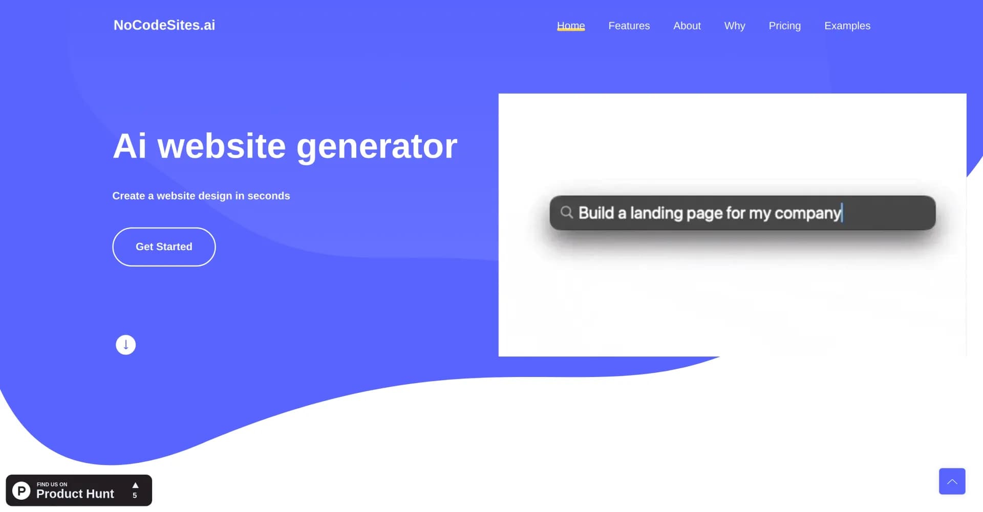 NoCodeSites homepage screenshot — Create stunning websites in seconds with AI