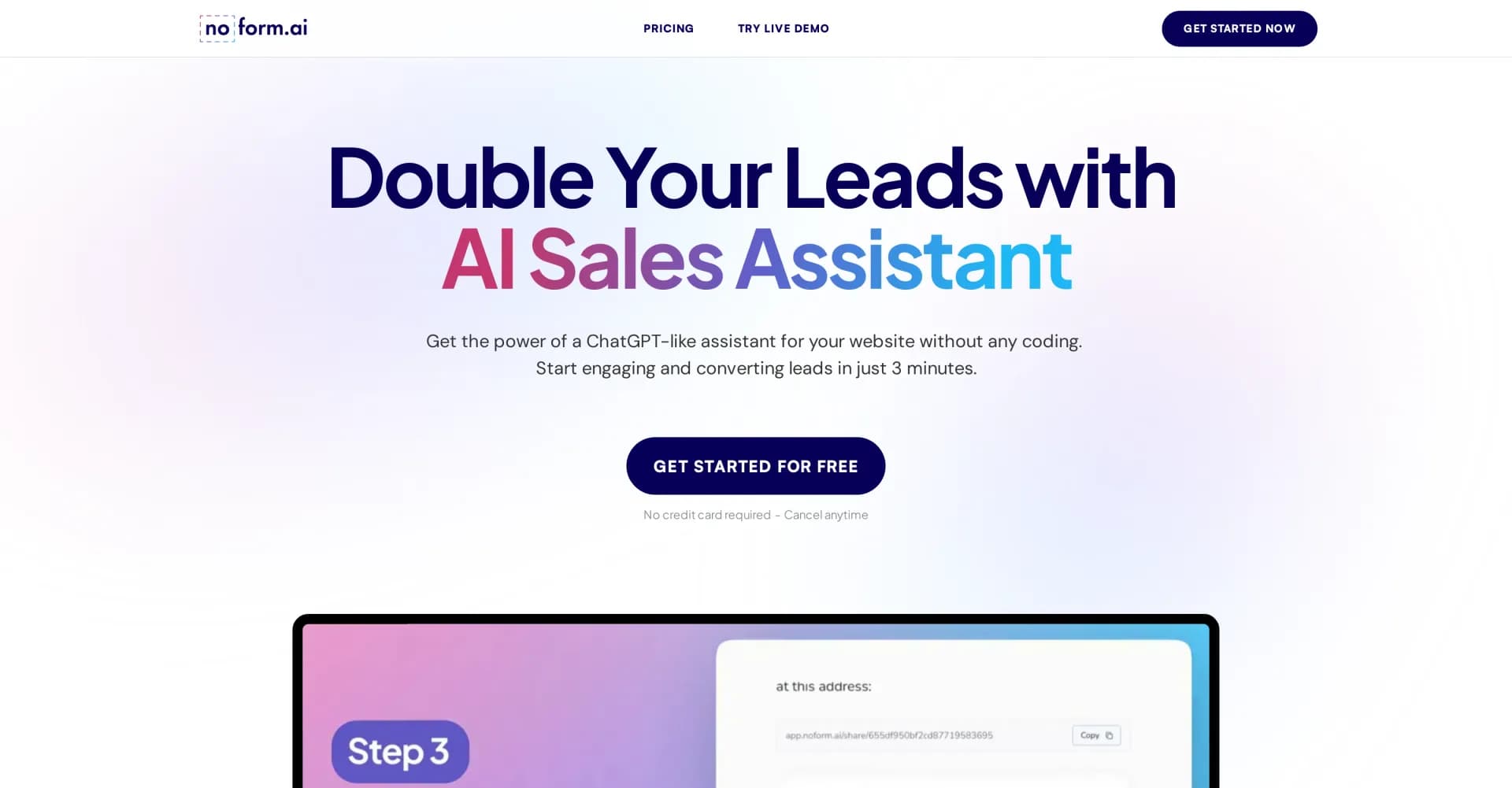 NoForm homepage screenshot — Double your website leads with AI sales assistant.