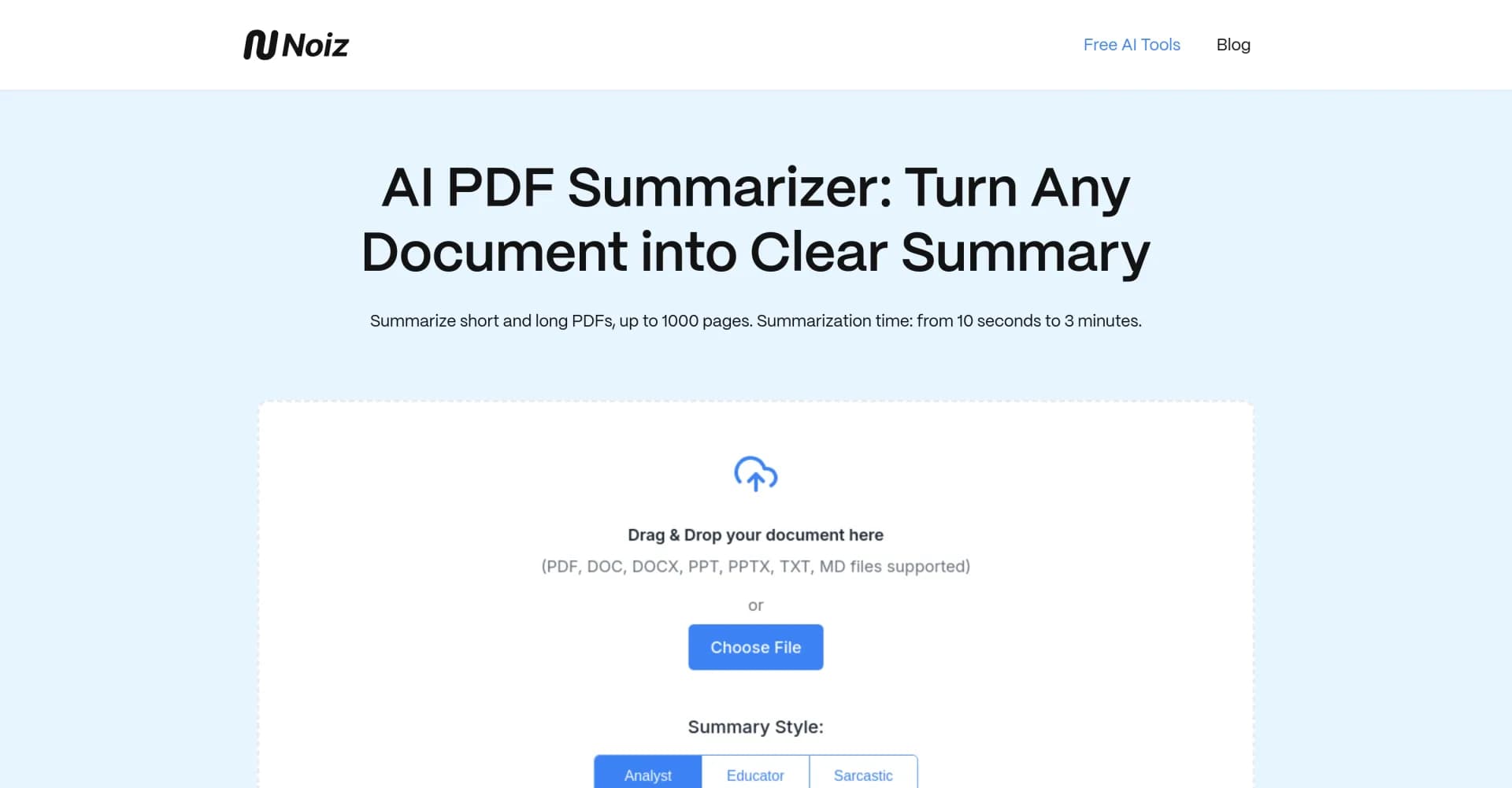 Noiz - AI PDF Summarizer homepage screenshot — Summarize any PDF quickly and for free.