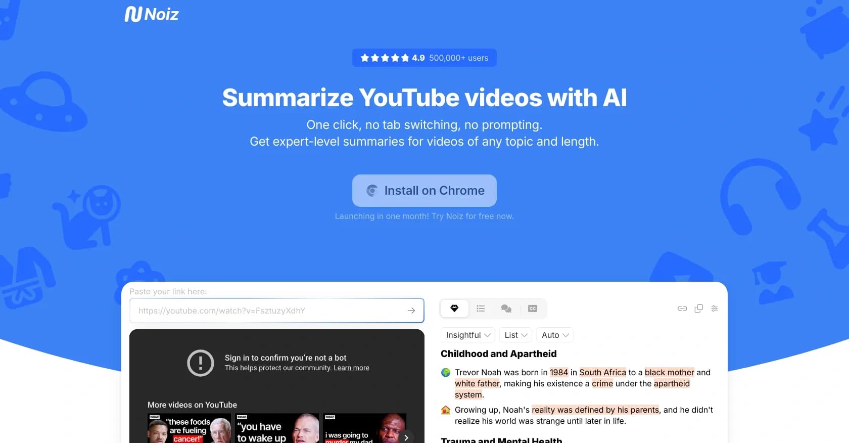 Noiz homepage screenshot — Summarize YouTube videos with AI in one click
