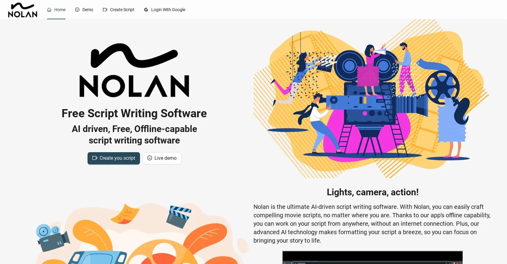 NolanAi homepage screenshot — AI-powered script writing, anytime, anywhere.