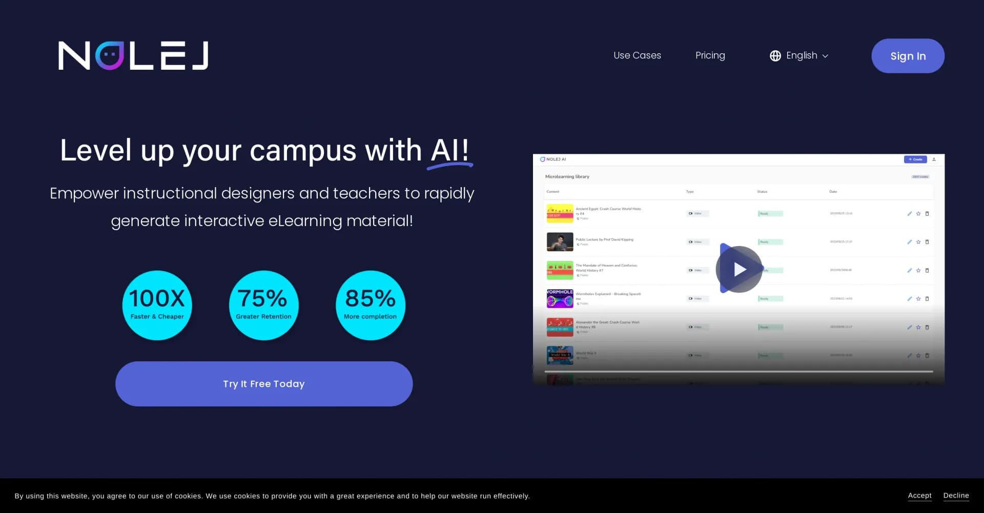 Nolej homepage screenshot — AI-powered platform for interactive courseware generation