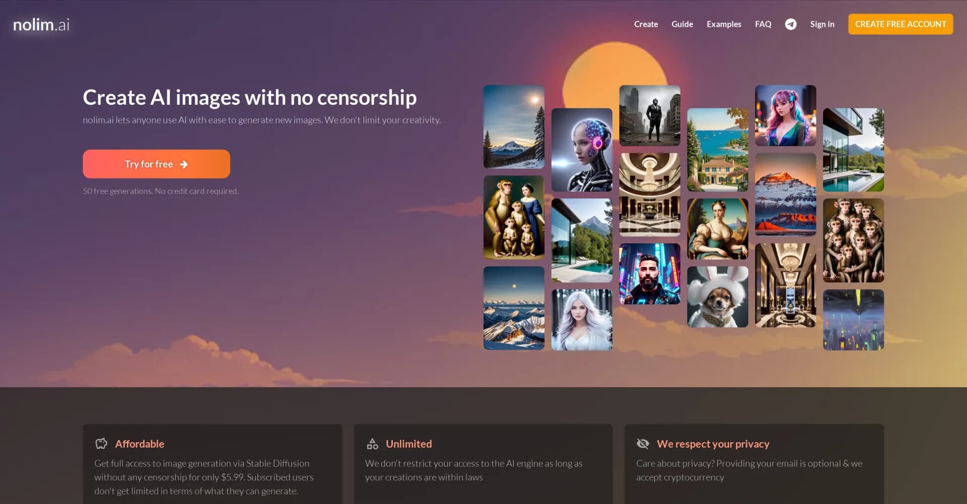 Nolim homepage screenshot — Create uncensored AI images effortlessly