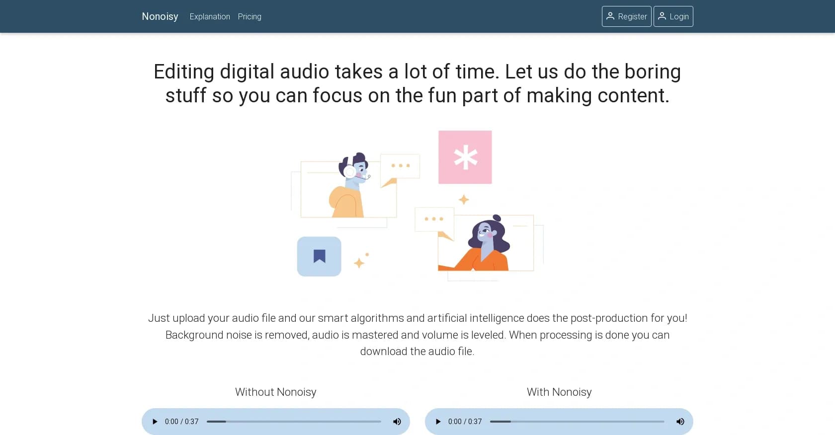Nonoisy homepage screenshot — Automate podcast post-production with AI.