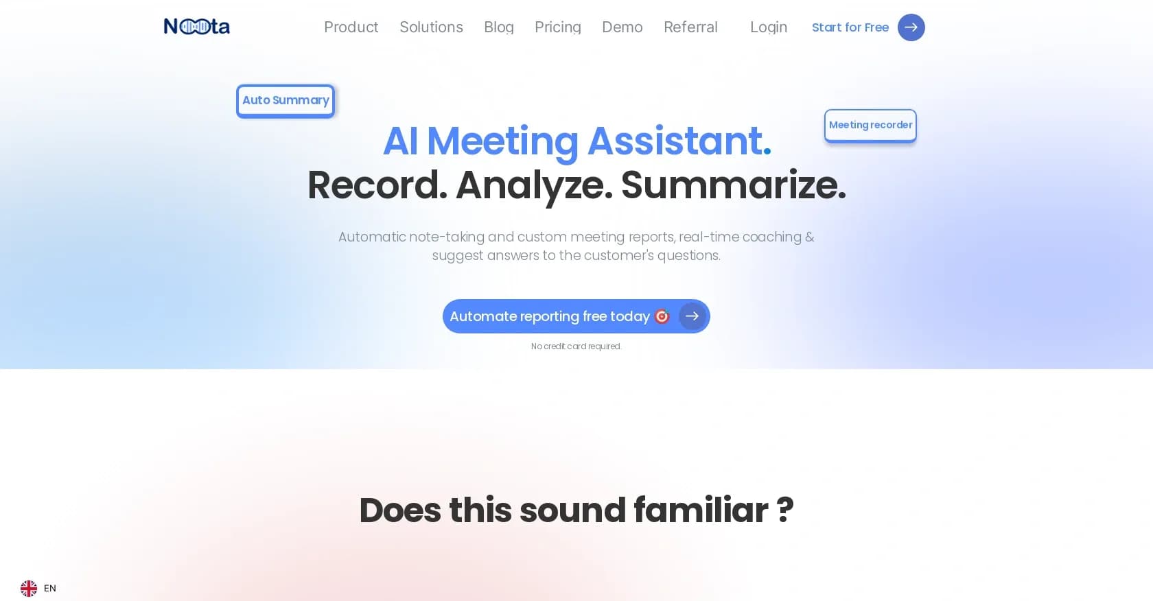 Noota homepage screenshot — AI meeting assistant: Record, transcribe, and summarize auto