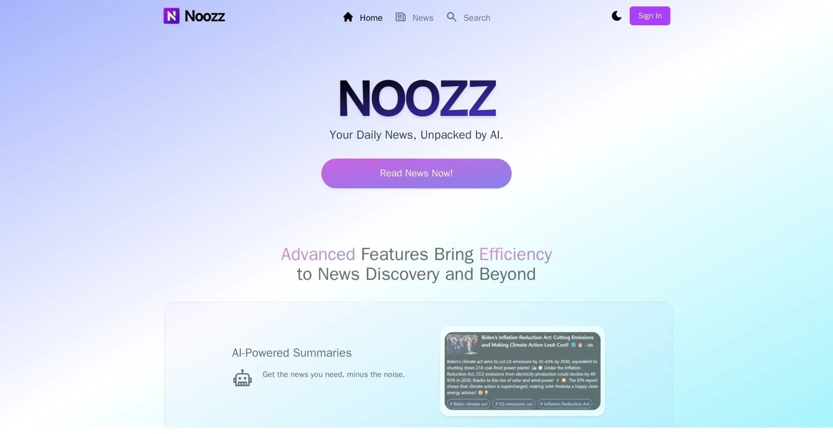 Noozz homepage screenshot — Your daily news, unpacked by AI.