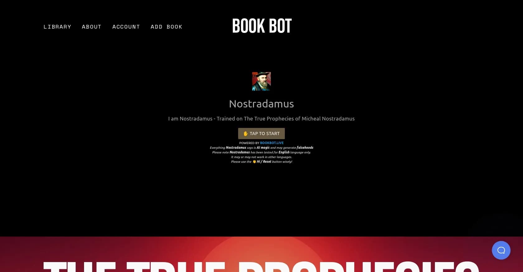Nostradamus homepage screenshot — Chat with AI-powered historical figures and books