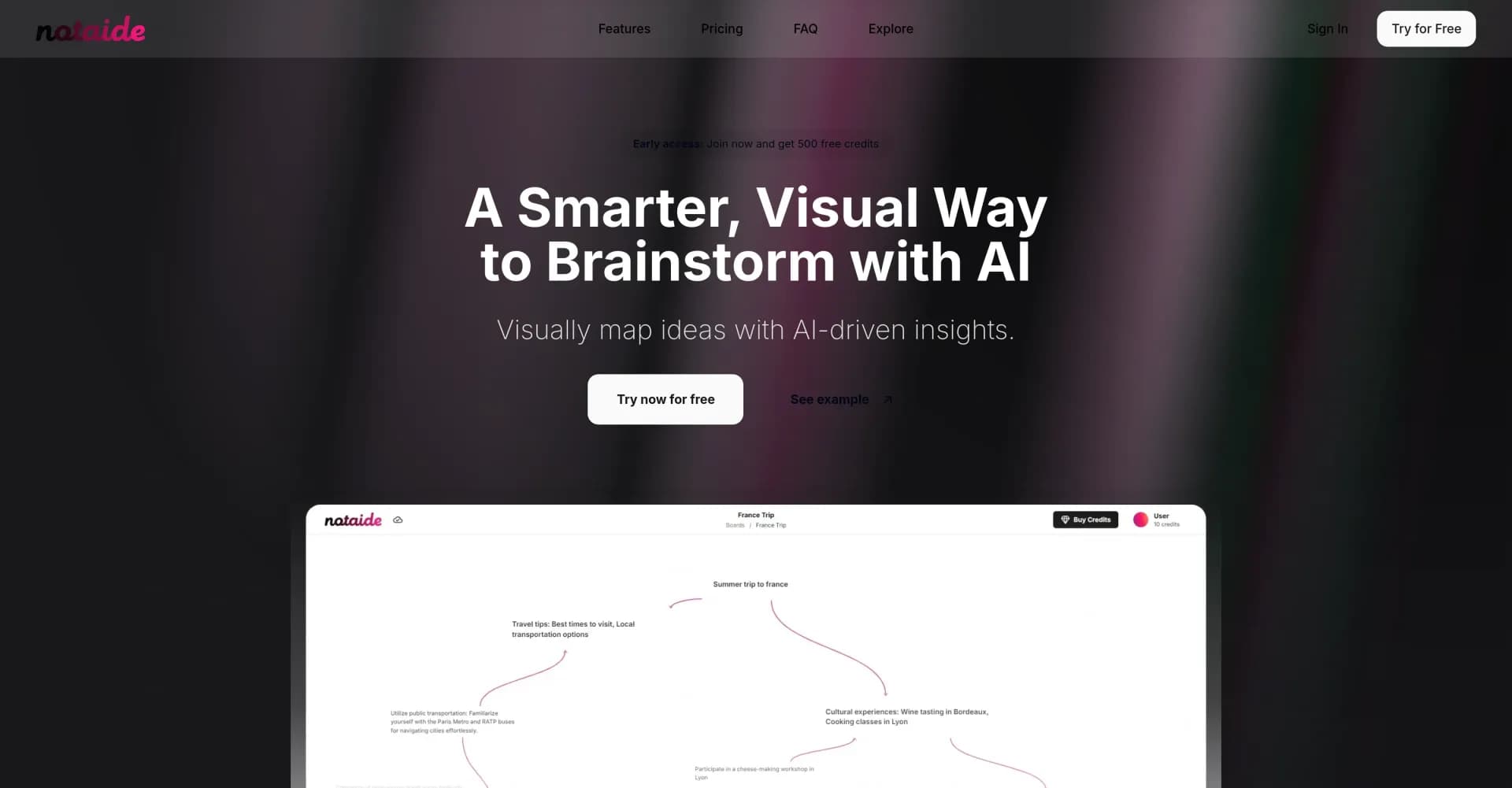 Notaide homepage screenshot — Visually map ideas with AI-driven insights.
