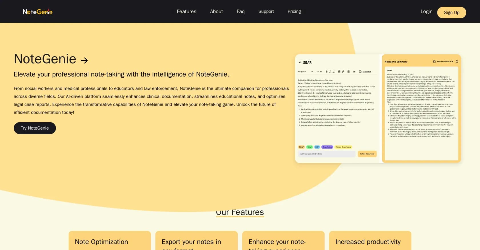 NoteGenie homepage screenshot — AI-powered note optimization for professionals.