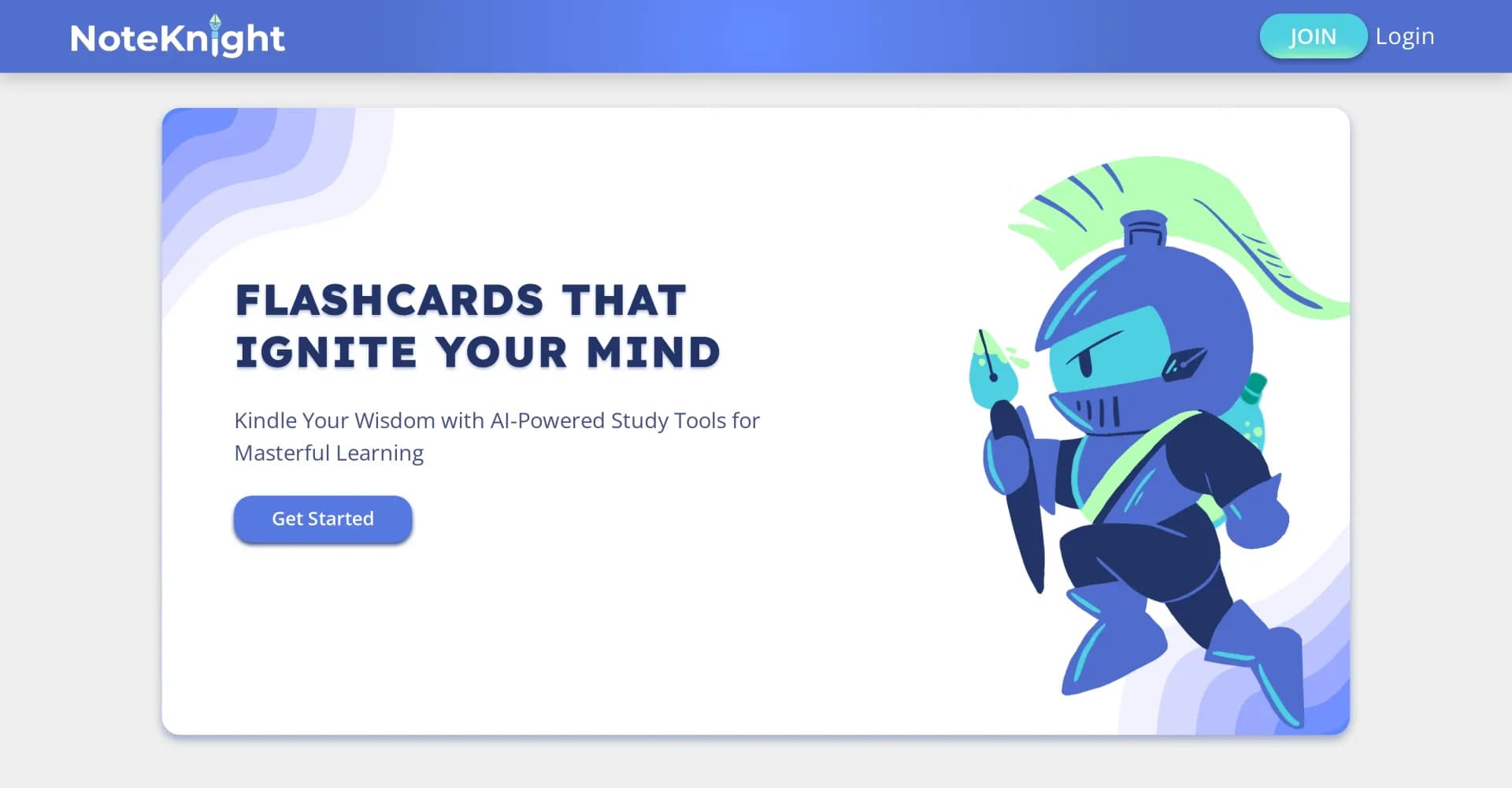 NoteKnight homepage screenshot — AI-powered flashcards for masterful learning.