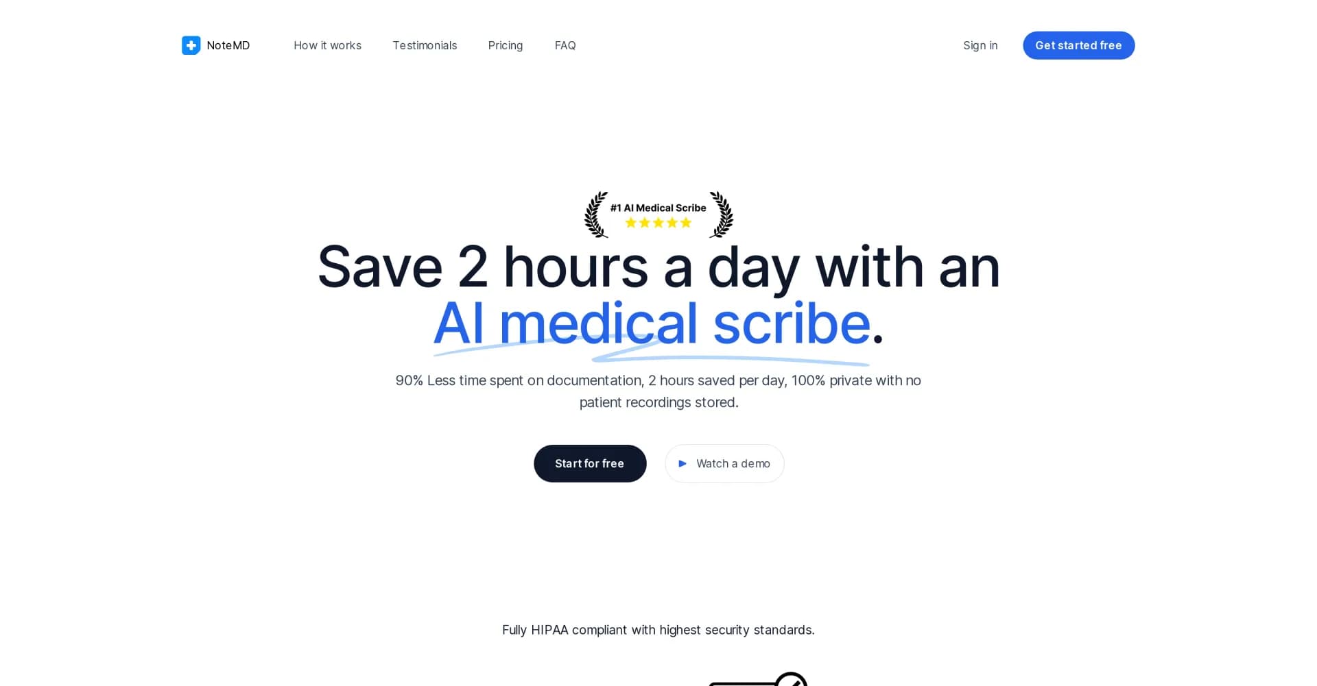 NoteMD homepage screenshot — Save time with AI-powered medical scribing.