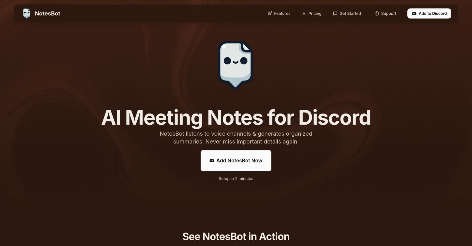 Discord NotesBot homepage screenshot — AI meeting notes for Discord voice channels.