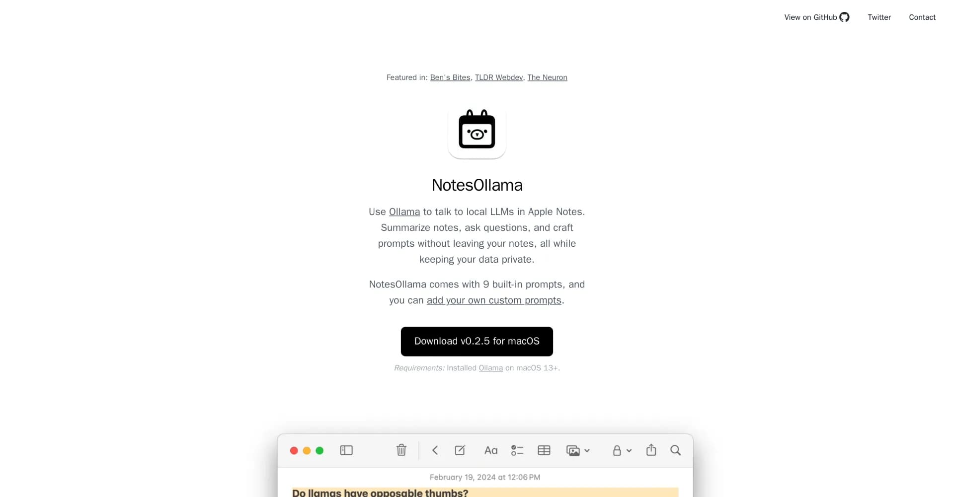 NotesOllama homepage screenshot — Chat with local LLMs in Apple Notes