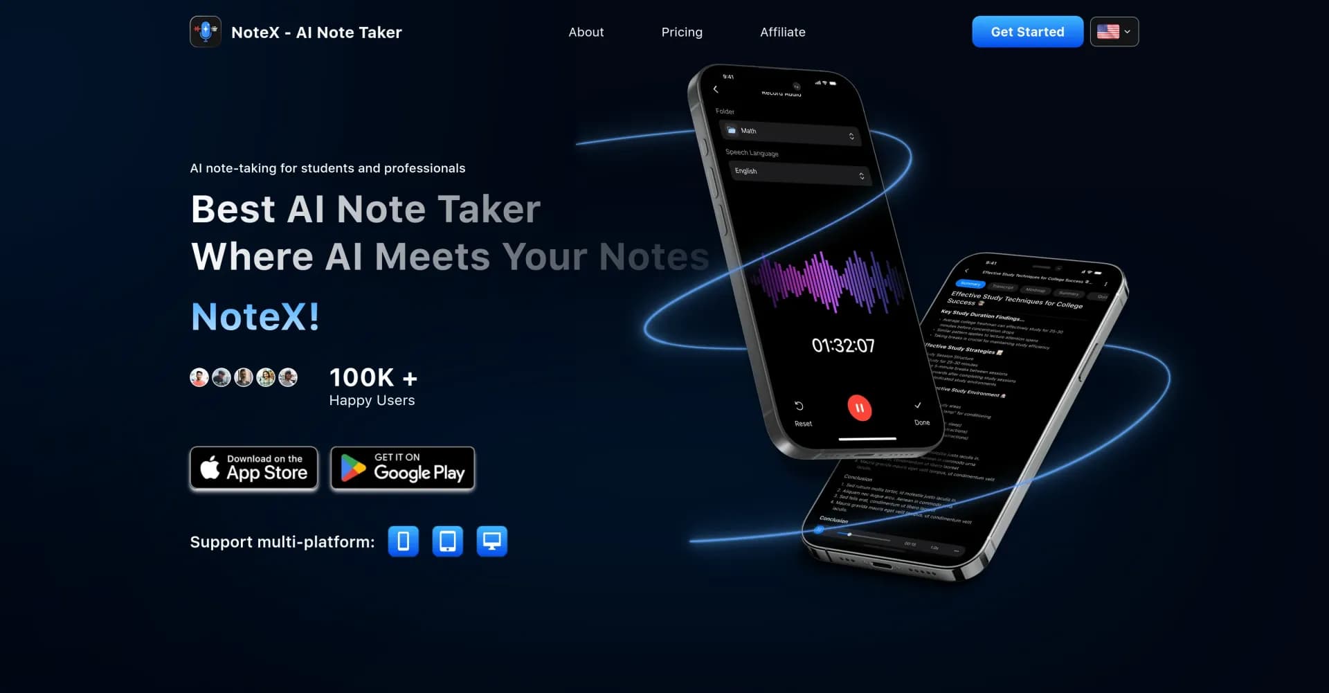 NoteX: AI Note Taker, AI Notebook homepage screenshot — Transform lengthy content into smart insights