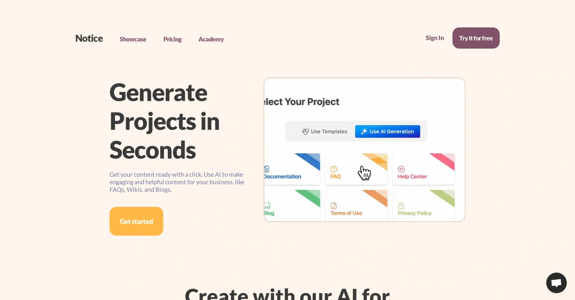 Notice Studio homepage screenshot — Generate engaging business content with AI in seconds.