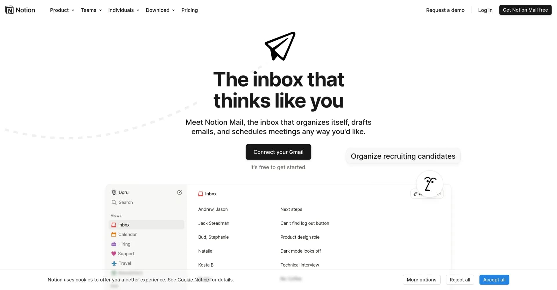 Notion Mail homepage screenshot — Email that works for you