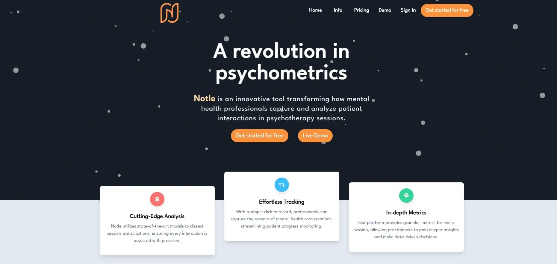 Notle homepage screenshot — Notle helps clinicians by taking their notes for them!