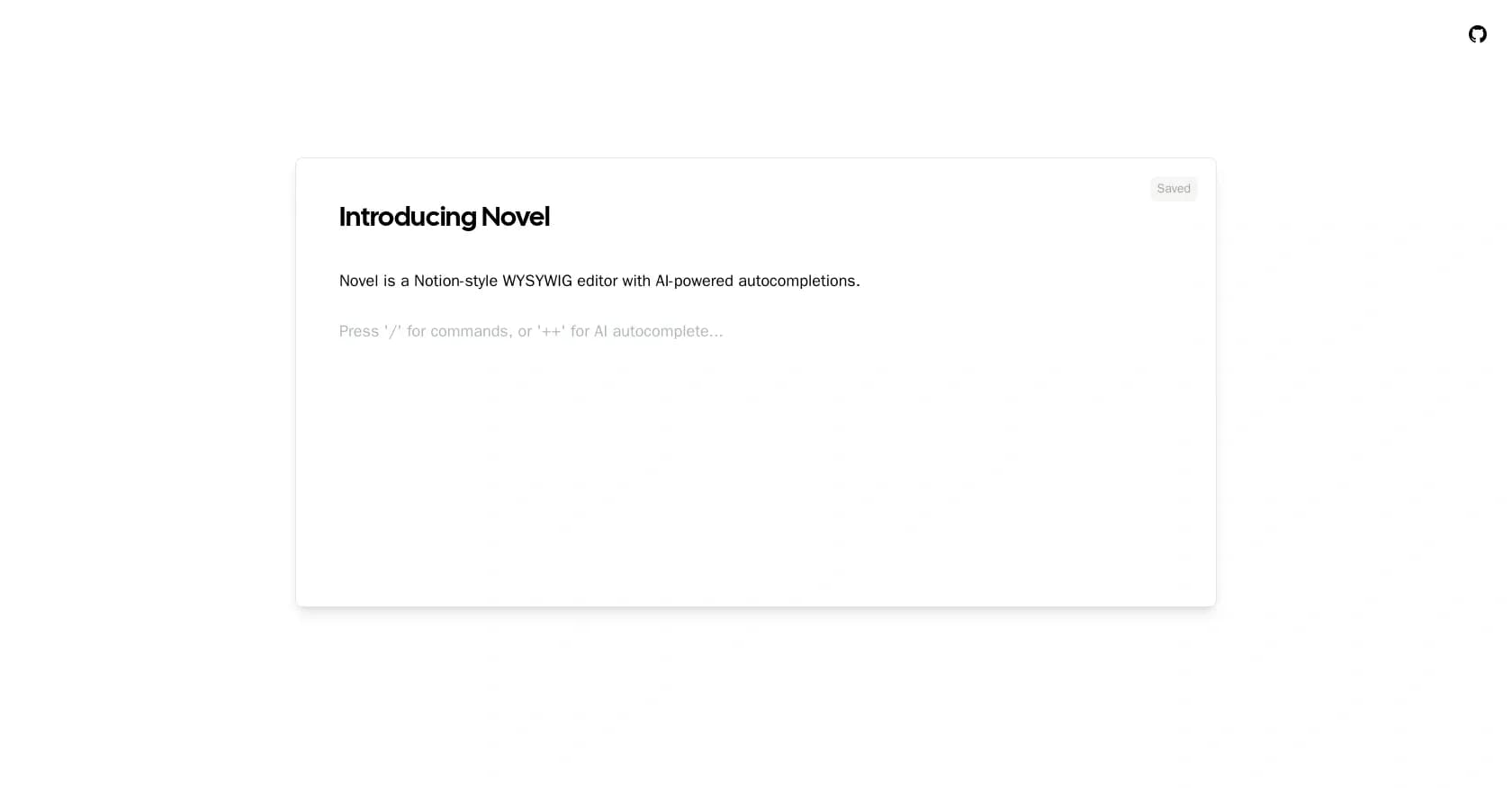 Novel.sh homepage screenshot — Notion-style editor with AI autocompletions.