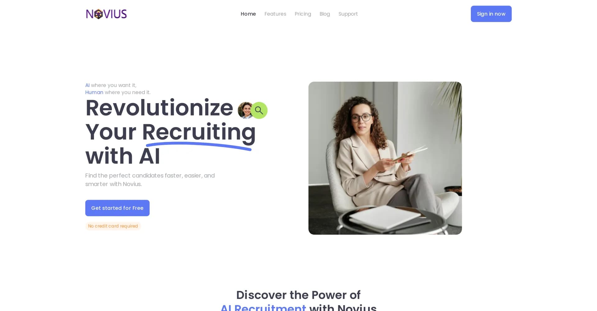 Novius homepage screenshot — AI-powered recruiting to find perfect candidates faster