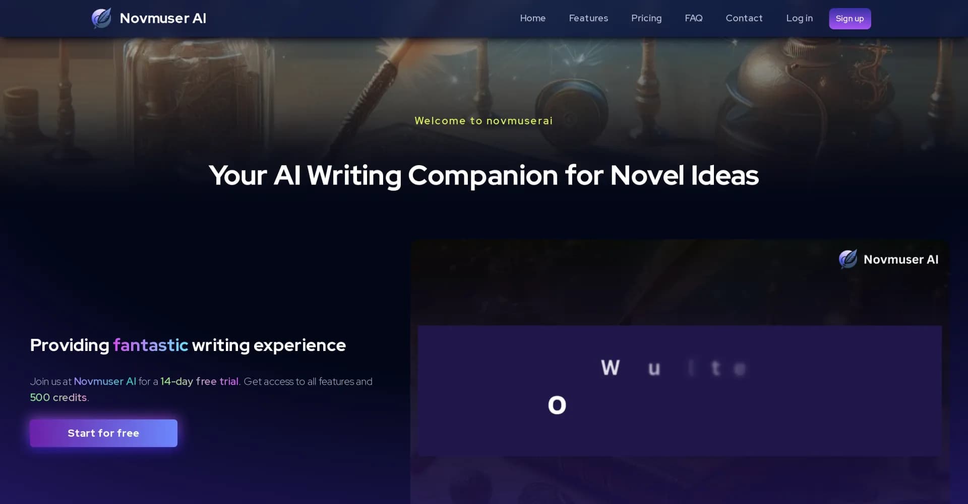 Novmuser AI homepage screenshot — Empower novelists with AI-powered writing assistance.