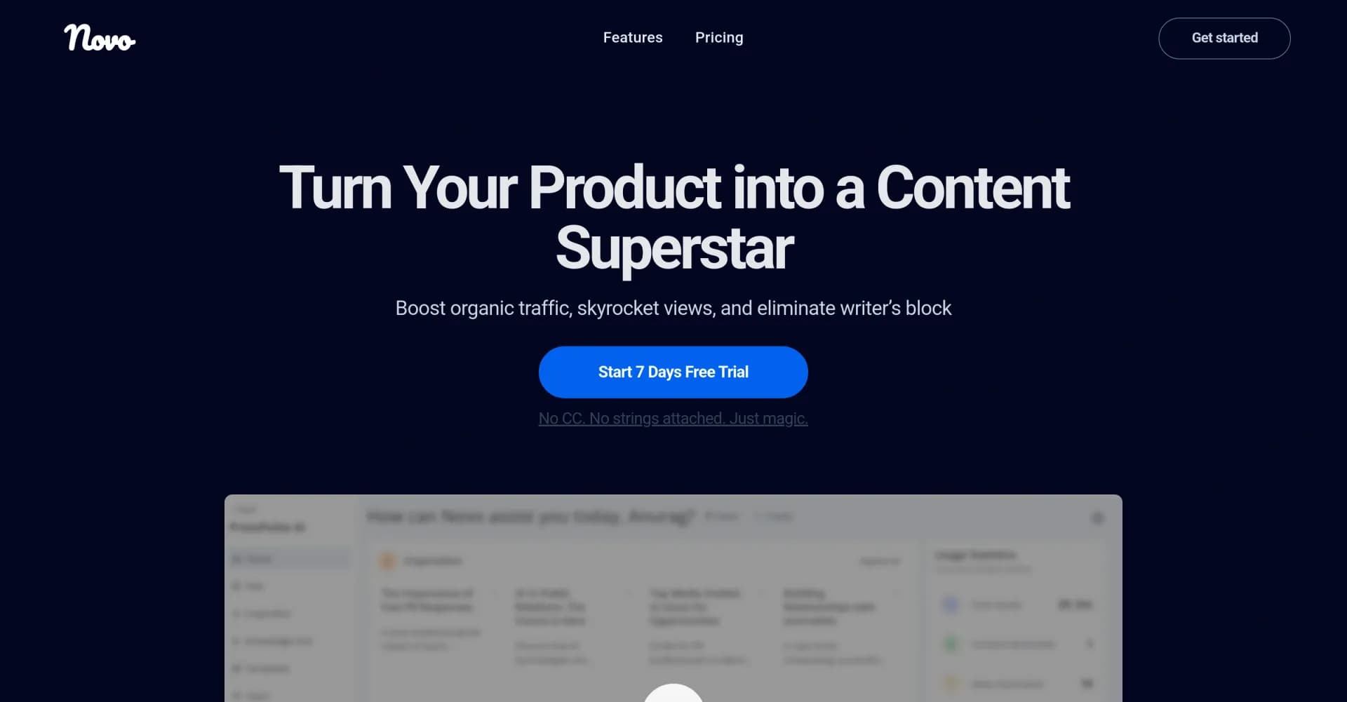 Novo homepage screenshot — AI content that sells your product.