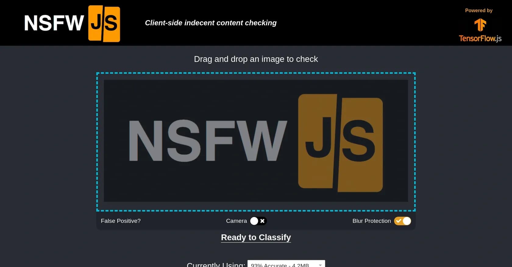 NSFW JS homepage screenshot — Identify NSFW images in the browser