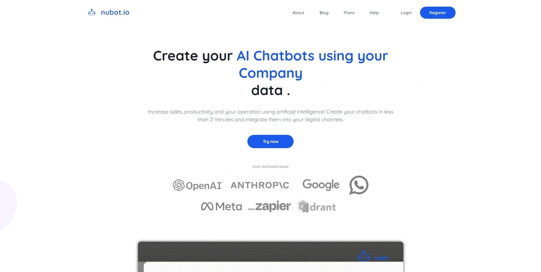 Nubot homepage screenshot — Create AI chatbots with your company data in minutes.