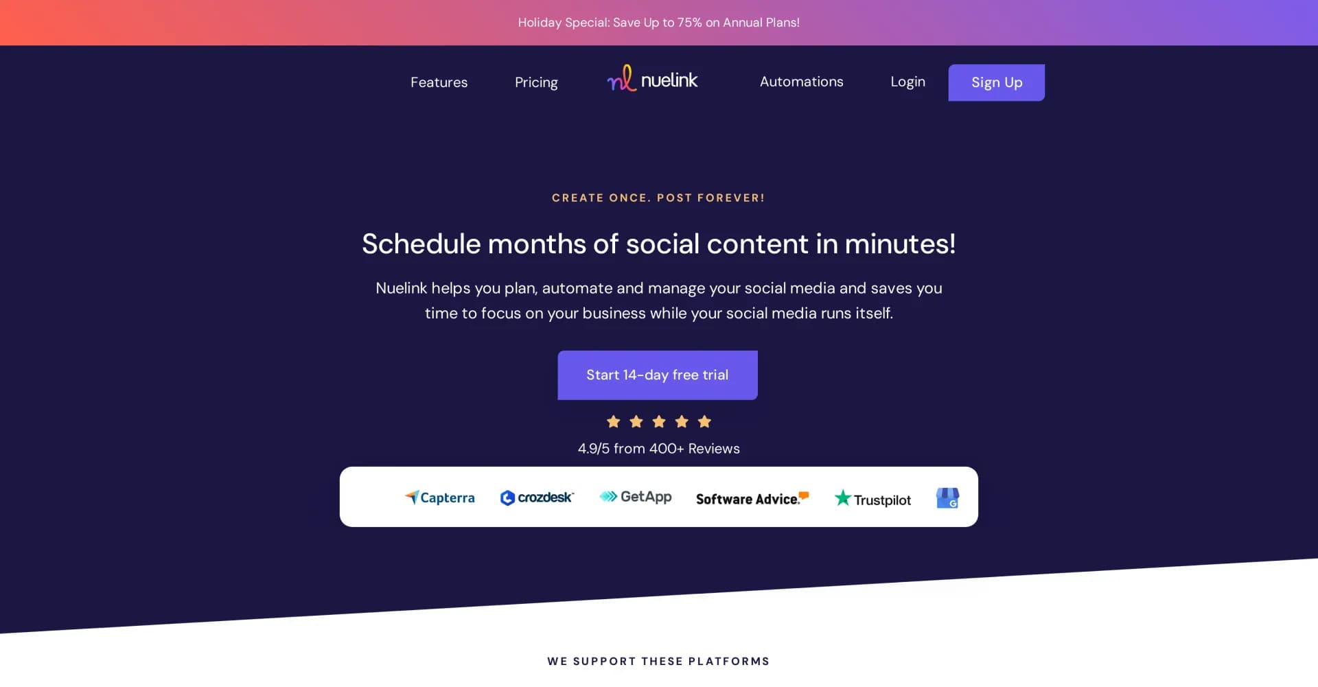 Nuelink homepage screenshot — Automate your social media, amplify your business.