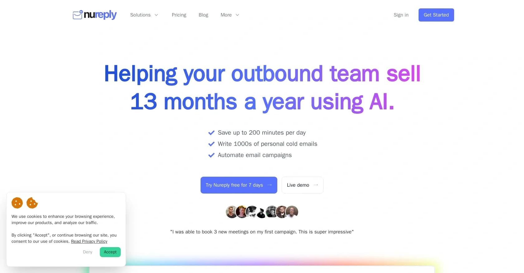Nureply homepage screenshot — AI-powered cold email software for sales professionals
