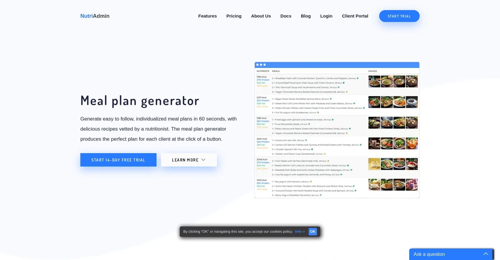 NutriAdmin homepage screenshot — Create tailored meal plans in 60 seconds.