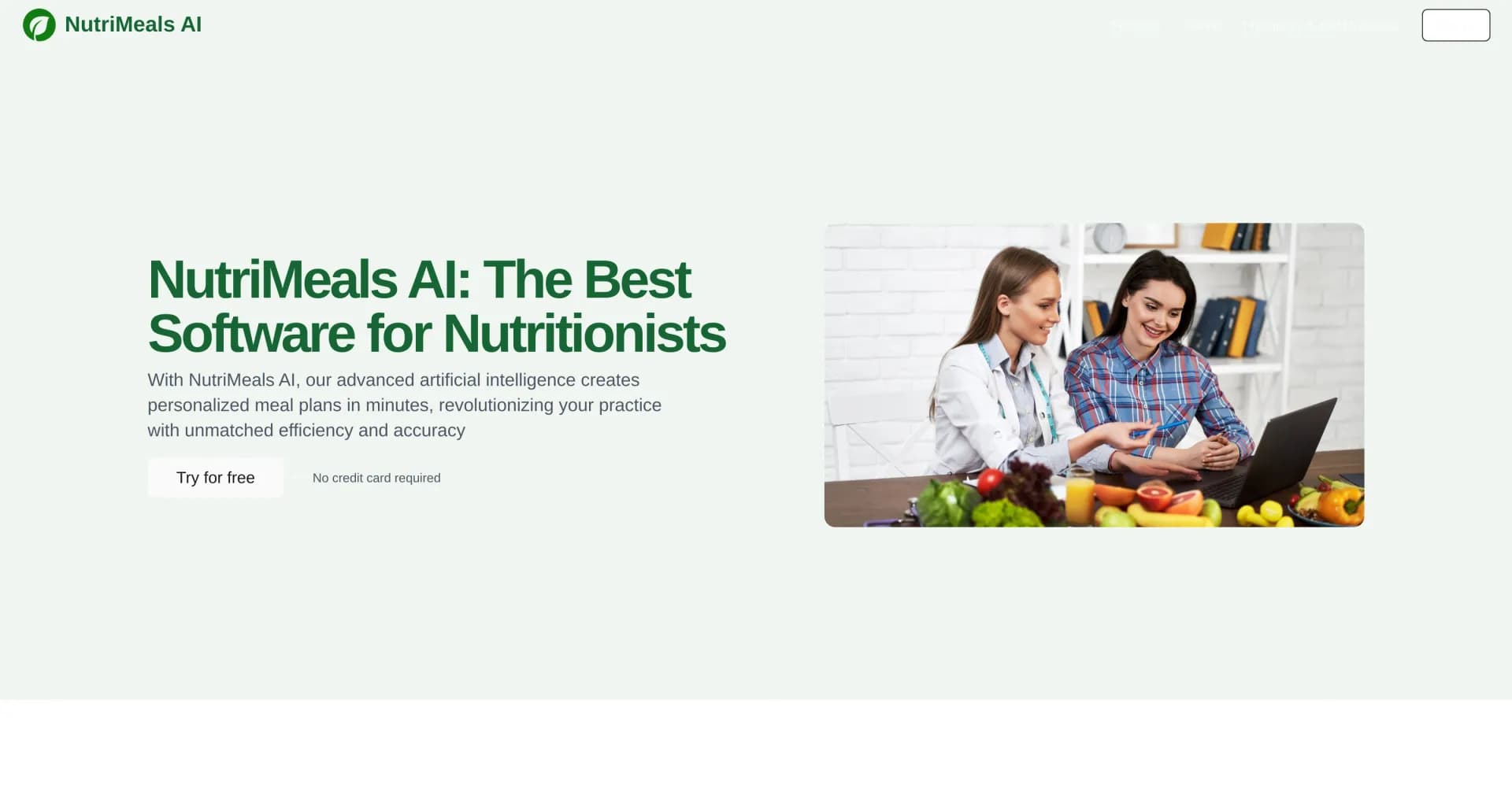 NutriMeals AI homepage screenshot — Create personalized meal plans in minutes with AI