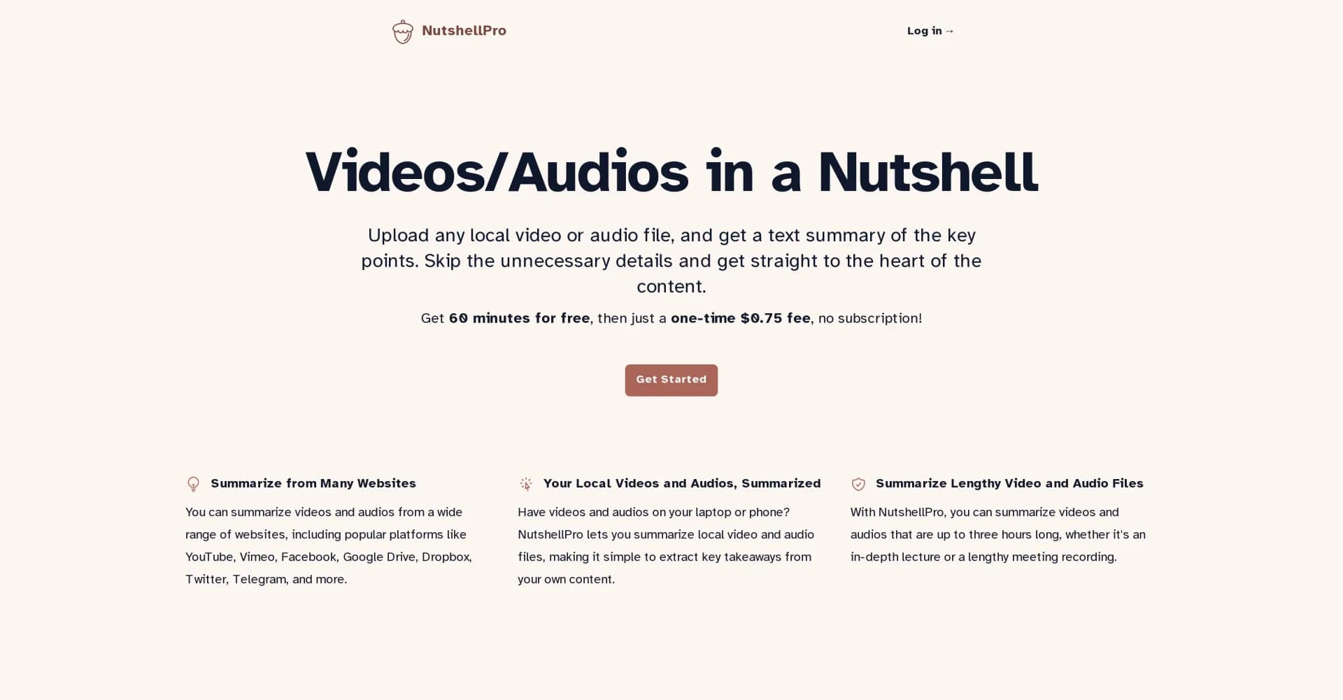 NutshellPro homepage screenshot — Summarize any video or audio file instantly.