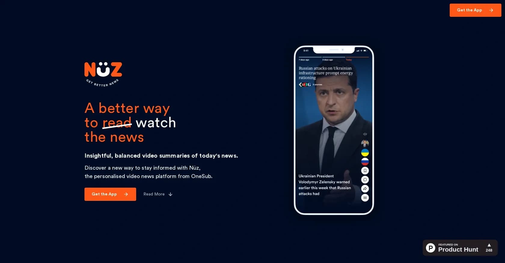 Nuz homepage screenshot — Video news summaries with balanced perspectives.