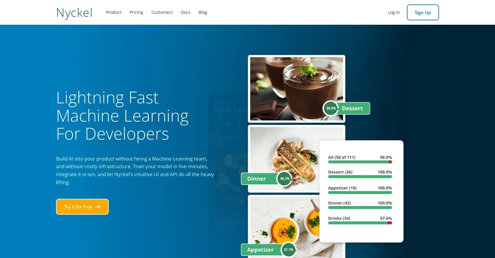Nyckel homepage screenshot — Lightning fast machine learning for developers