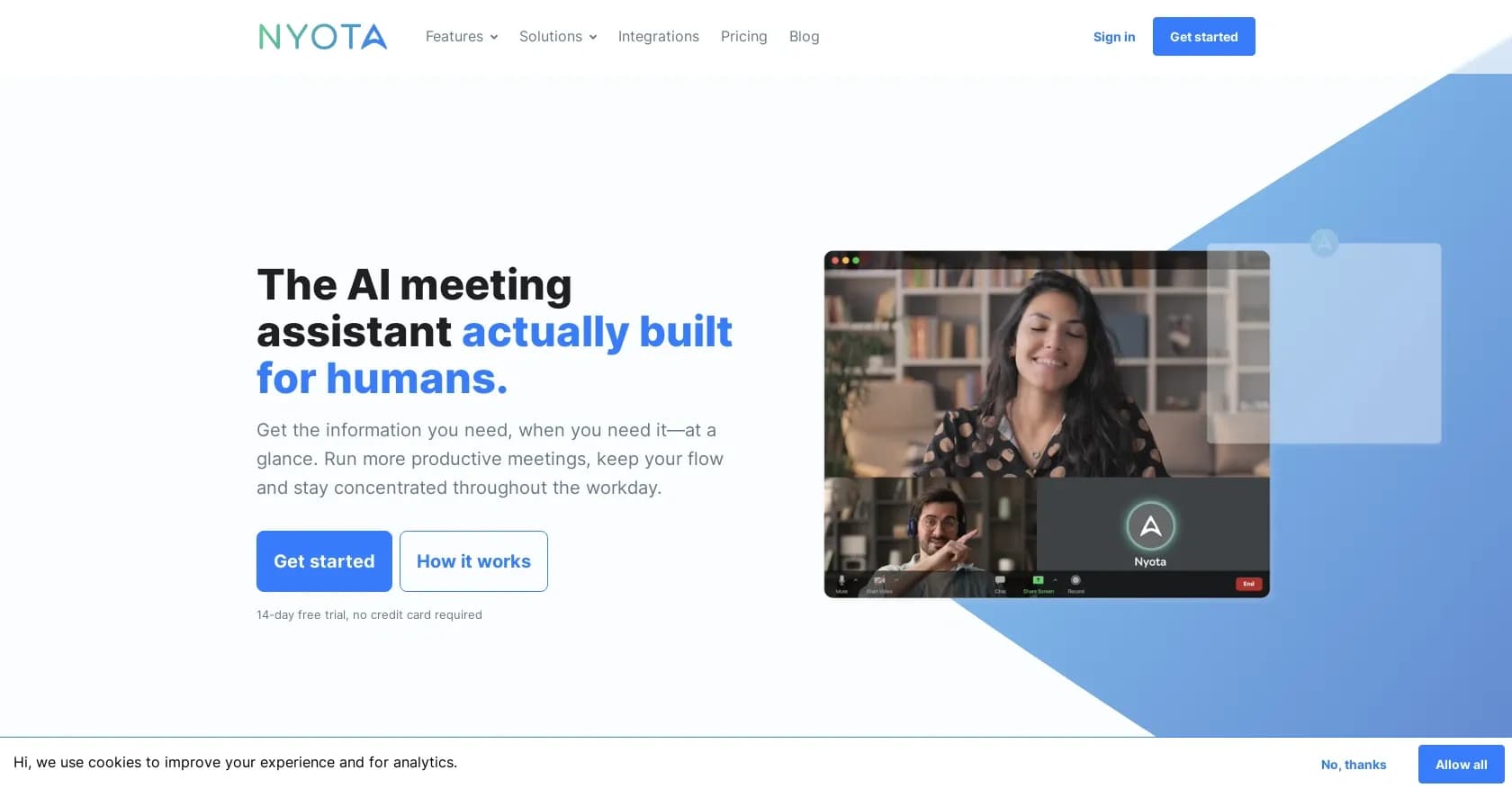 Nyota homepage screenshot — AI meeting assistant that enhances productivity and saves ti
