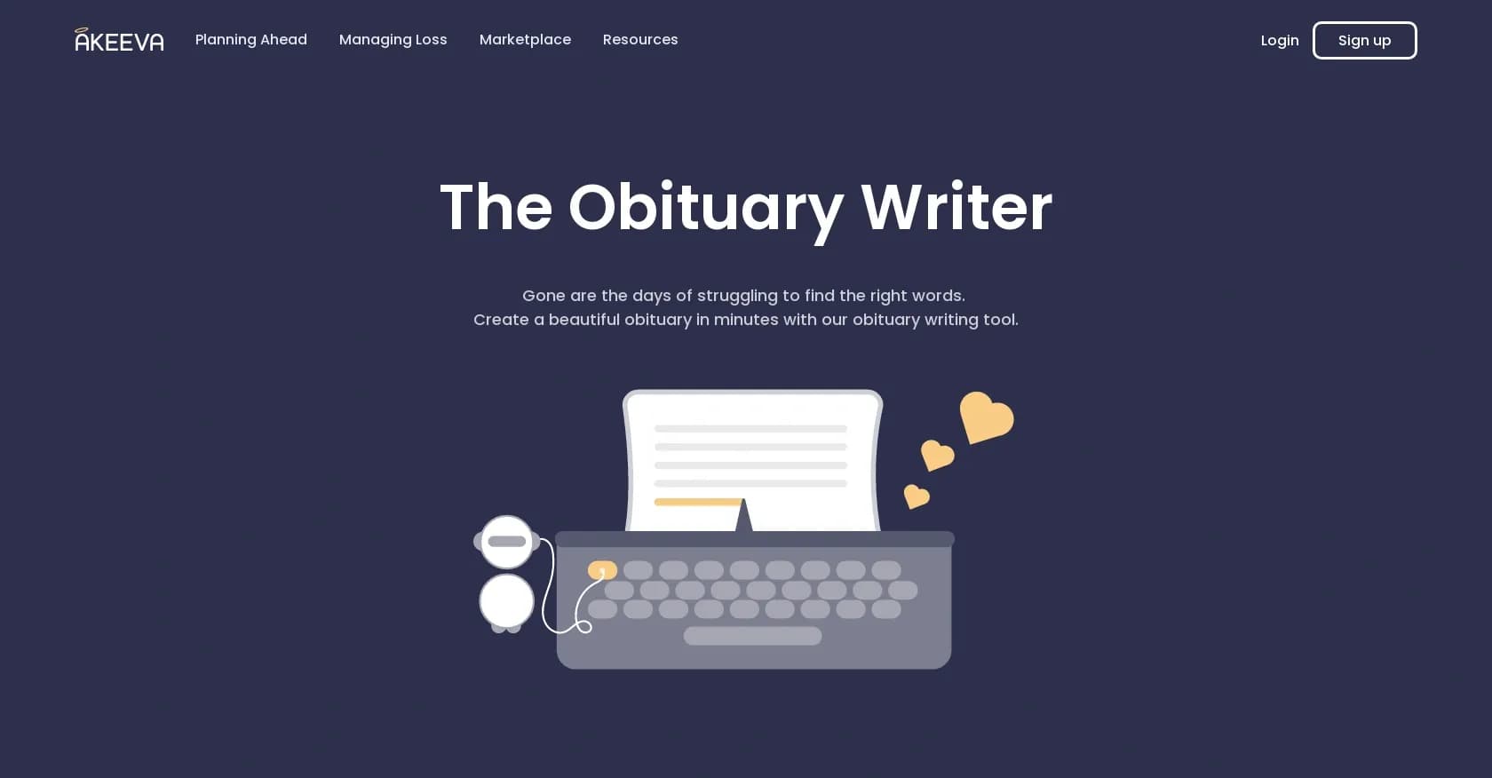 Obituary Writer homepage screenshot — Create beautiful obituaries in minutes.